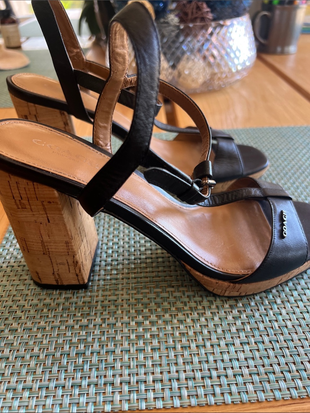 Coach Black Leather T-Strap Block Heel Sandals - Picture 3 of 4